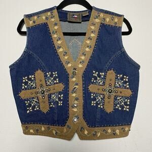 VTG Dont Mess With Texas Vest‎ Women Medium Western Festive Cowboy Studded Cross